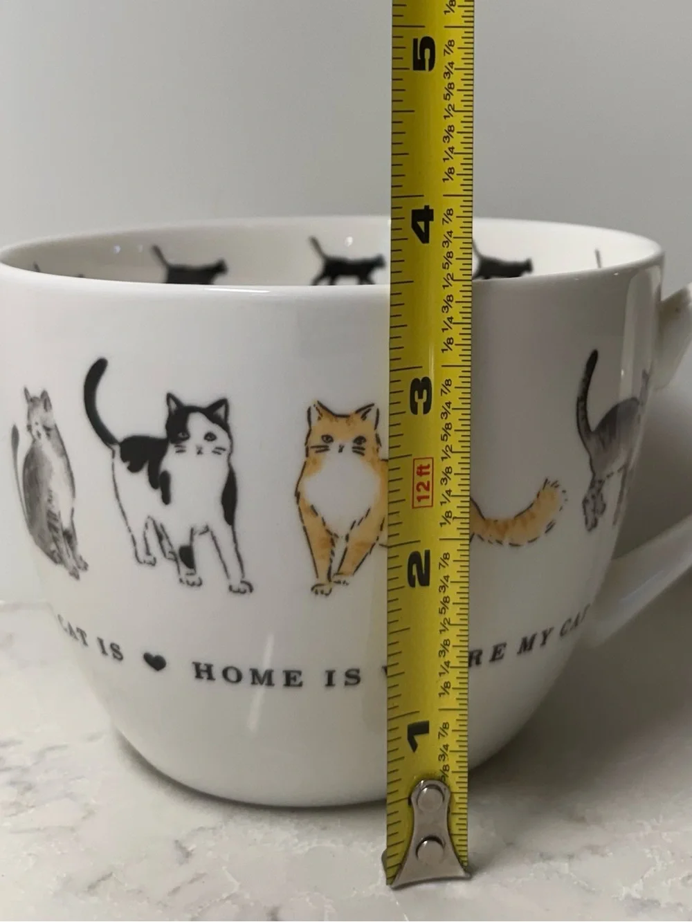 White Ceramic Cat Mug W/Multicolor Cat Illustrations “Home Is Where My Cat Is”